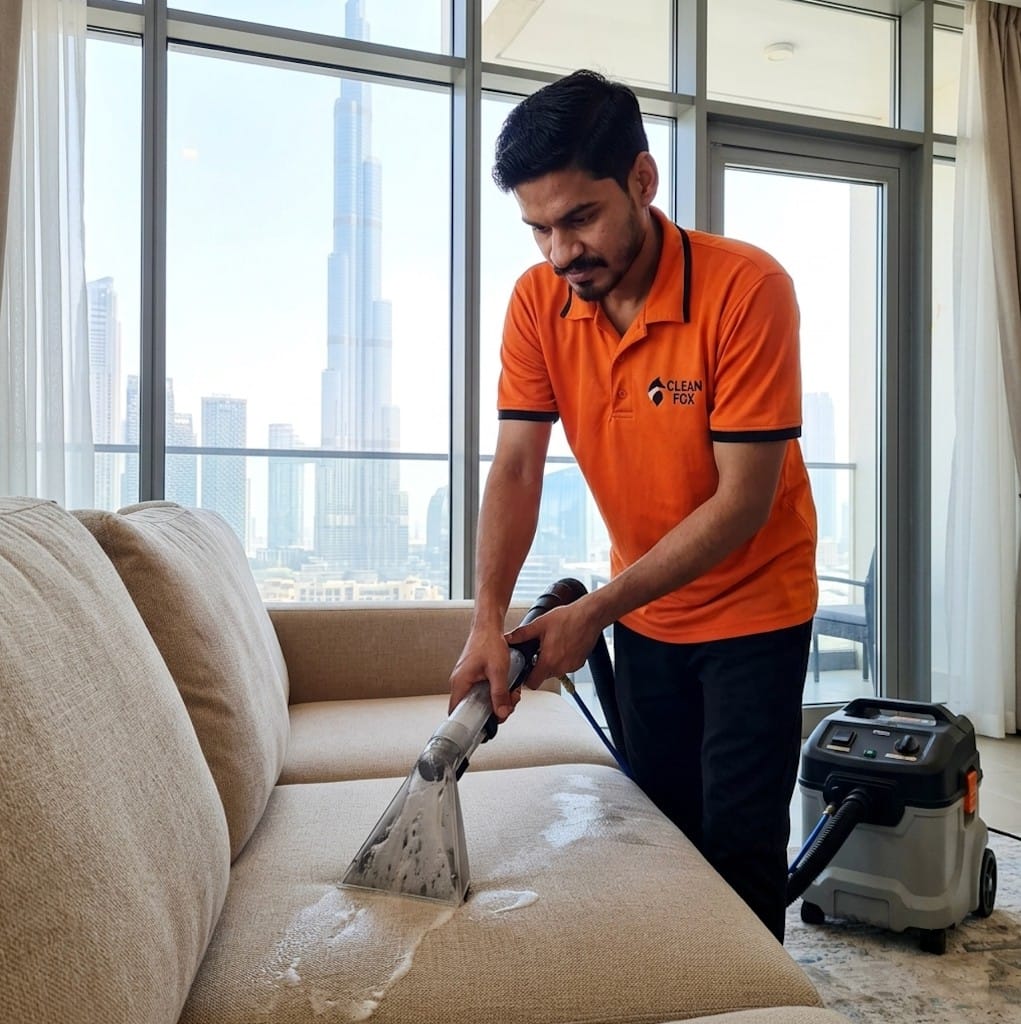 Clean Fox technician extracting a beige sofa in a Dubai apartment with Burj Khalifa view