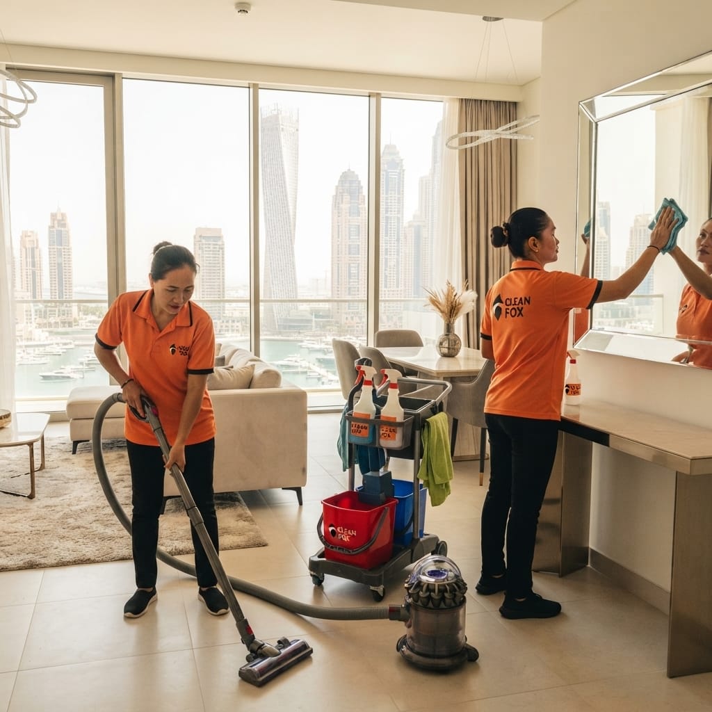 Clean Fox cleaners working in a Dubai Marina apartment with skyline view