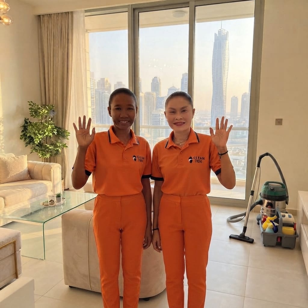 Two Clean Fox cleaners waving in a bright Dubai apartment